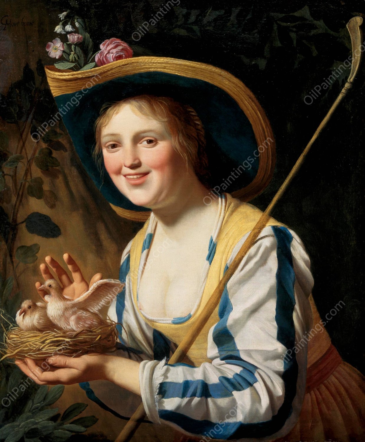 Shepherdess With Pigeons  by Gerard Van Honthorst - Hand-Painted Oil Painting Reproduction