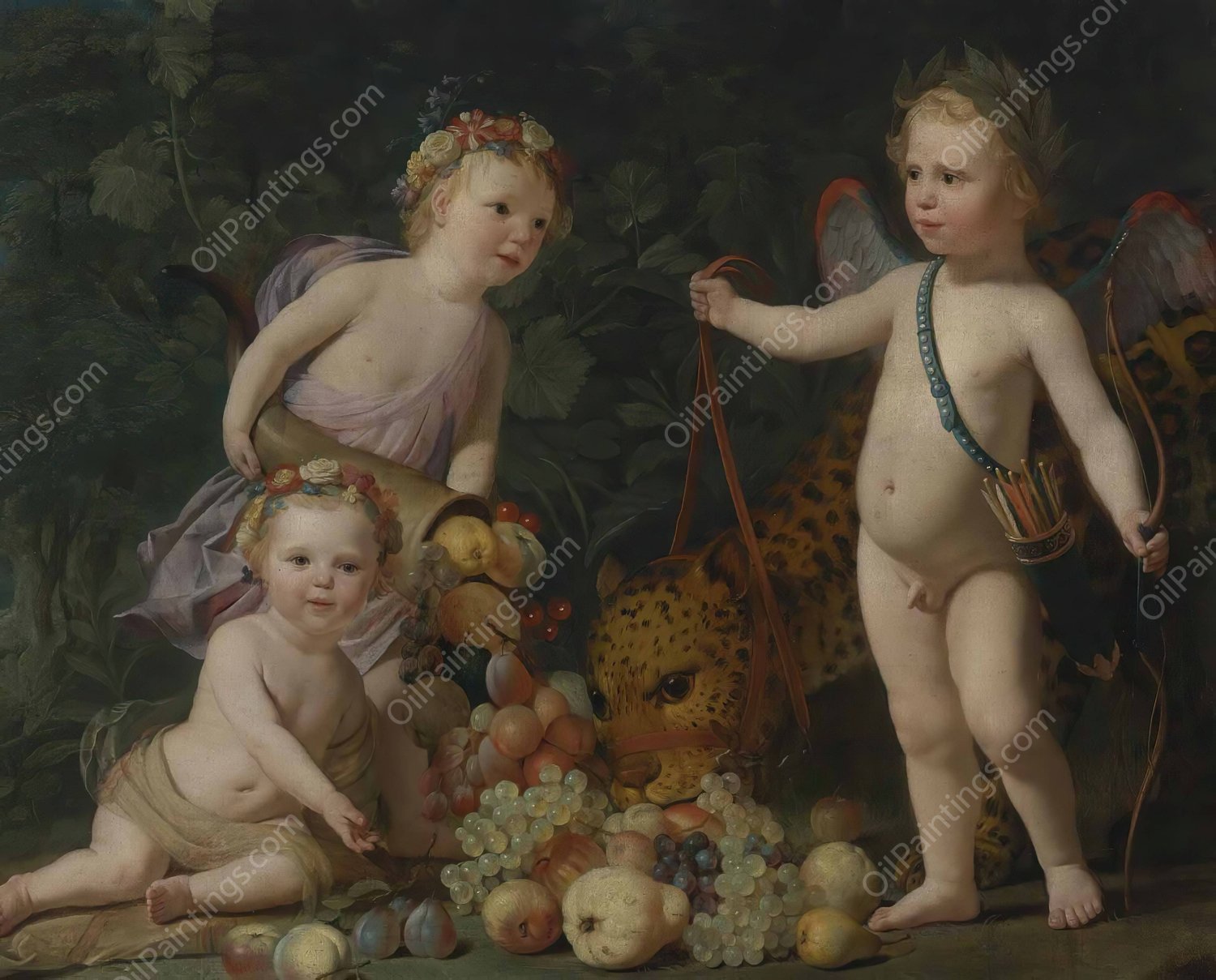 Three Children With Fruit And a Jaguar  by Gerard Van Honthorst - Hand-Painted Oil Painting Reproduction