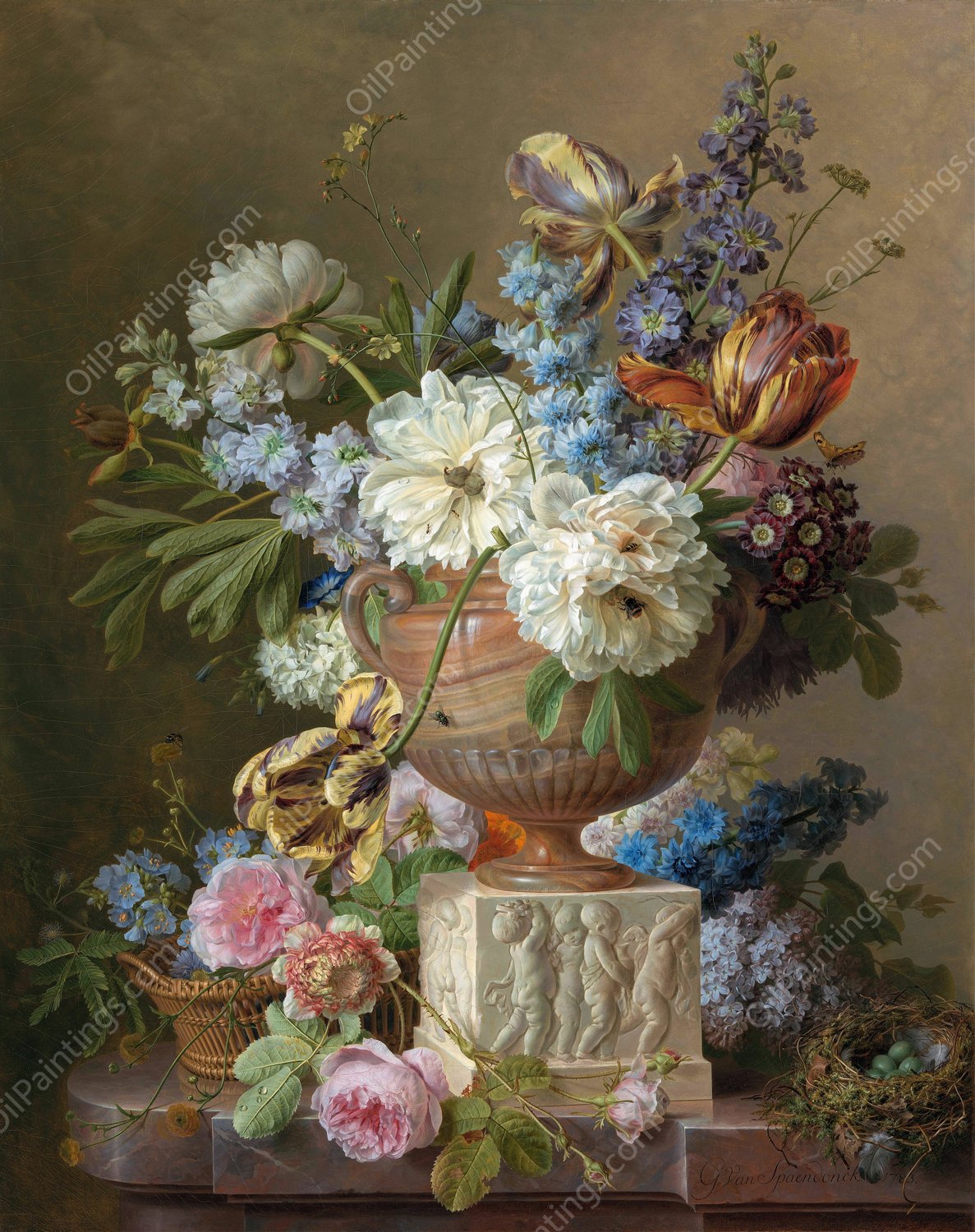 Flower Still-life with an Alabaster Vase  by Gerard Van Spaendonck - Hand-Painted Oil Painting Reproduction