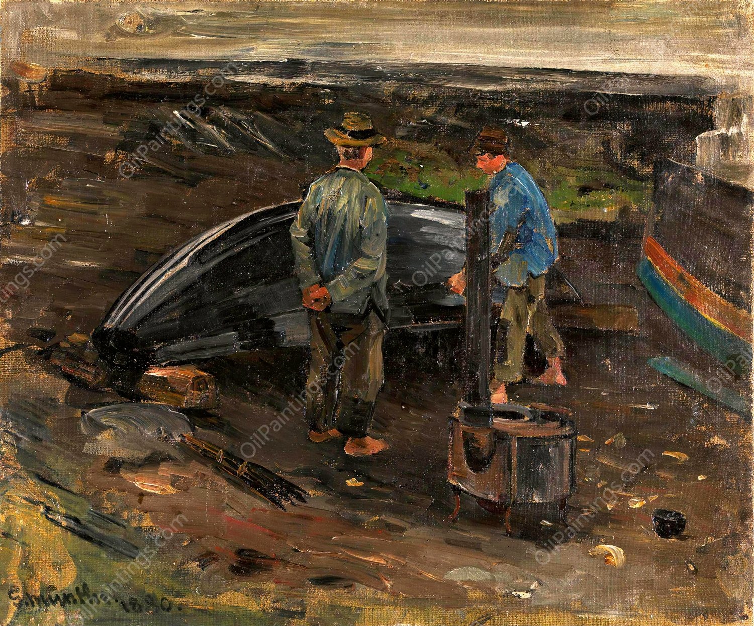 Boys taring a Boat, Nevlunghavn  by Gerhard Munthe - Hand-Painted Oil Painting Reproduction