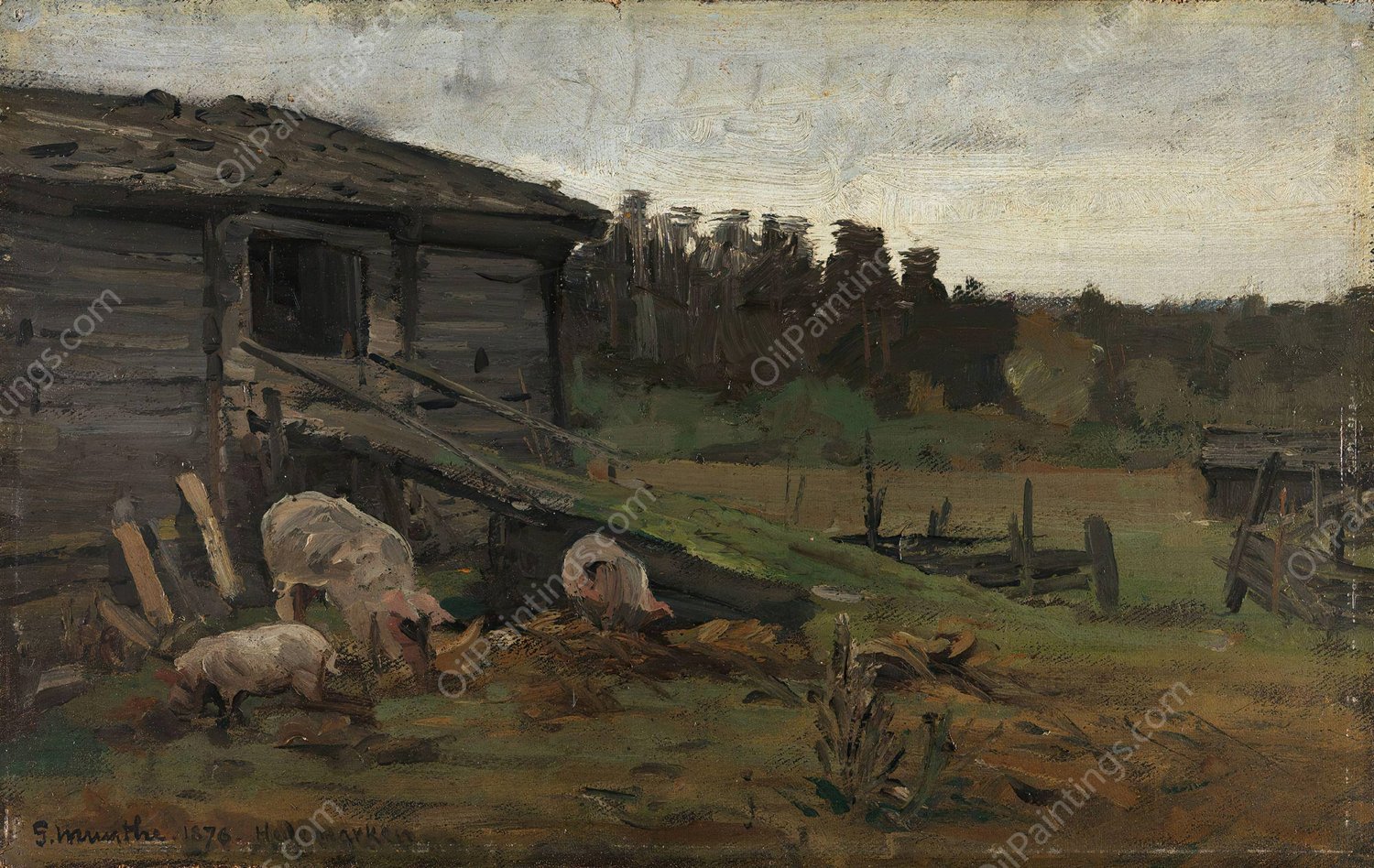 Pigs at the Barn Bridge  by Gerhard Munthe - Hand-Painted Oil Painting Reproduction
