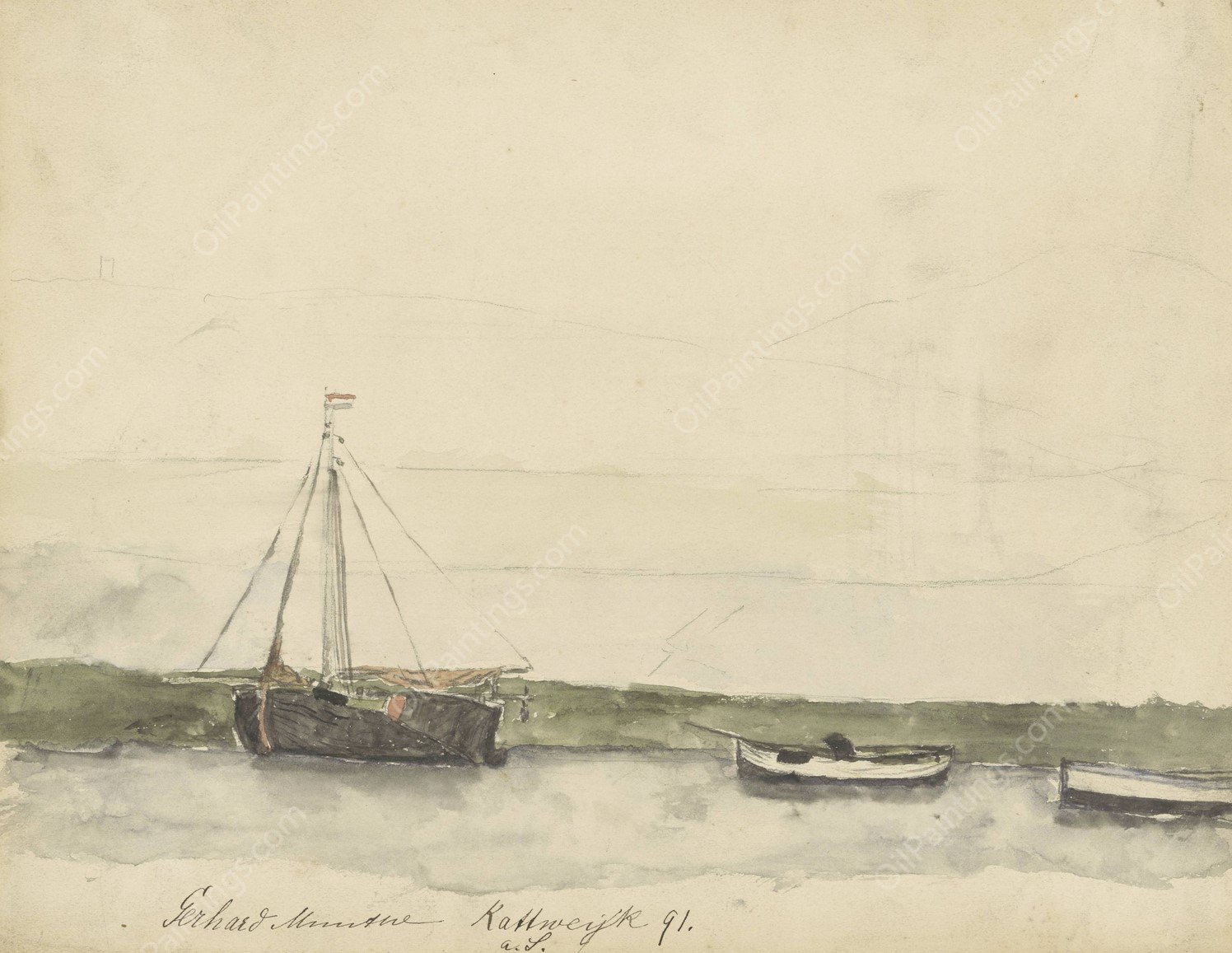 Schepen in de haven te Katwijk aan Zee  by Gerhard Munthe - Hand-Painted Oil Painting Reproduction