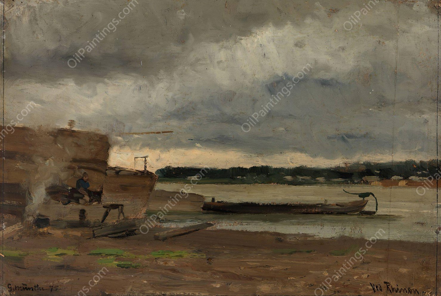 View of the Rhine near Dusseldorf  by Gerhard Munthe - Hand-Painted Oil Painting Reproduction