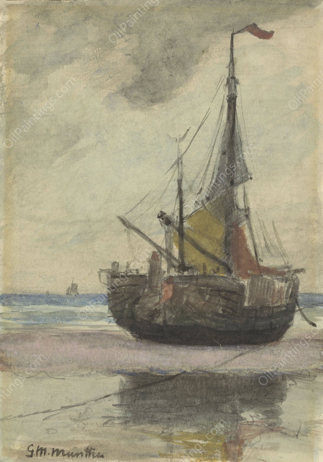 Vissersboot op het strand met gereefd zeil  by Gerhard Munthe - Hand-Painted Oil Painting Reproduction