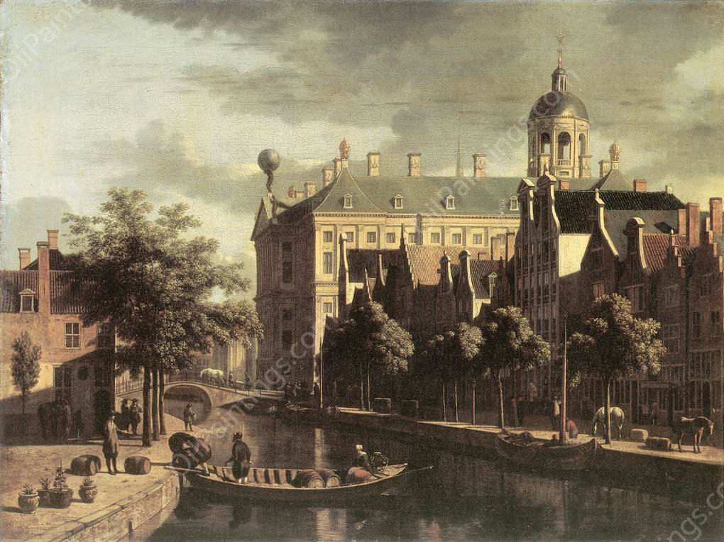 Amsterdam, the Nieuwezijds near the Bloemmarkt by Gerrit Adriaensz Berckheyde - Hand-Painted Oil Painting Reproduction