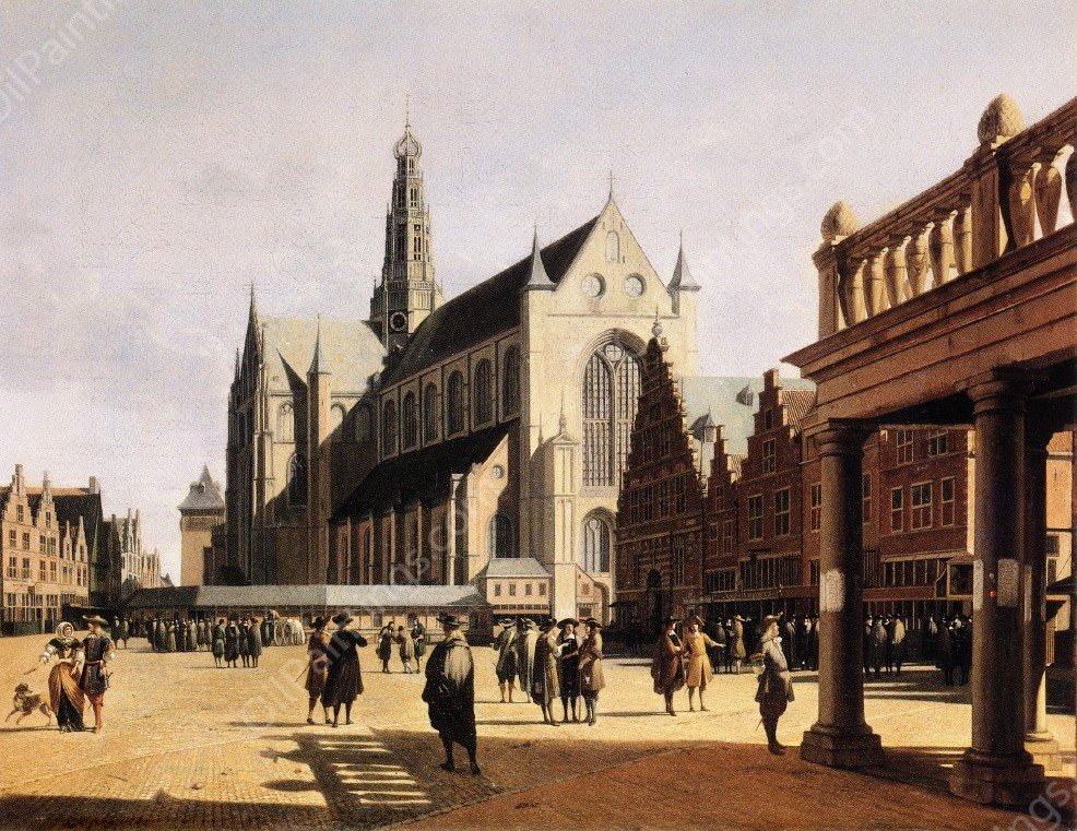 The Marketplace and Church at Haarlem by Gerrit Adriaensz Berckheyde - Hand-Painted Oil Painting Reproduction