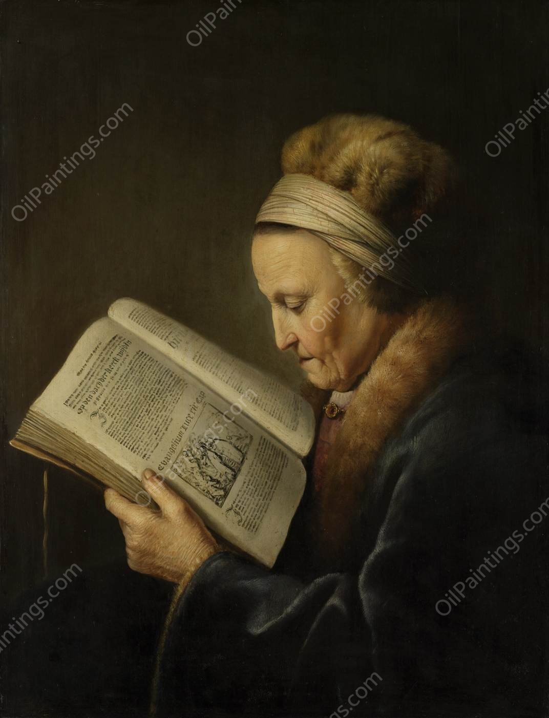 Old Woman Reading a Bible by Gerrit Dou - Hand-Painted Oil Painting Reproduction