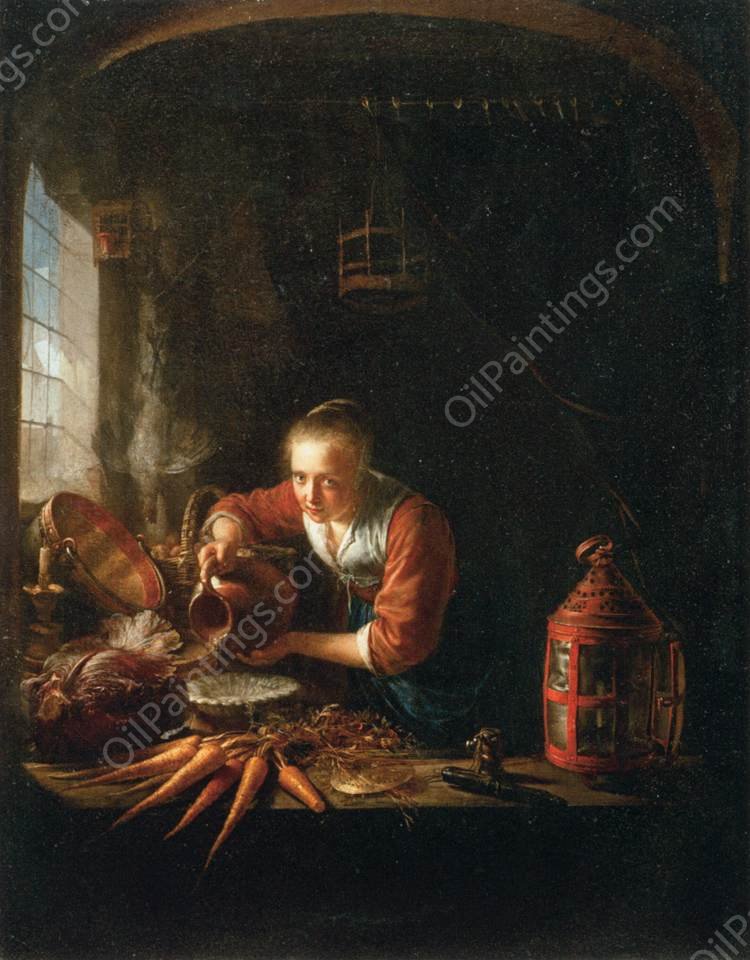 Woman Pouring Water into a Jar by Gerrit Dou - Hand-Painted Oil Painting Reproduction
