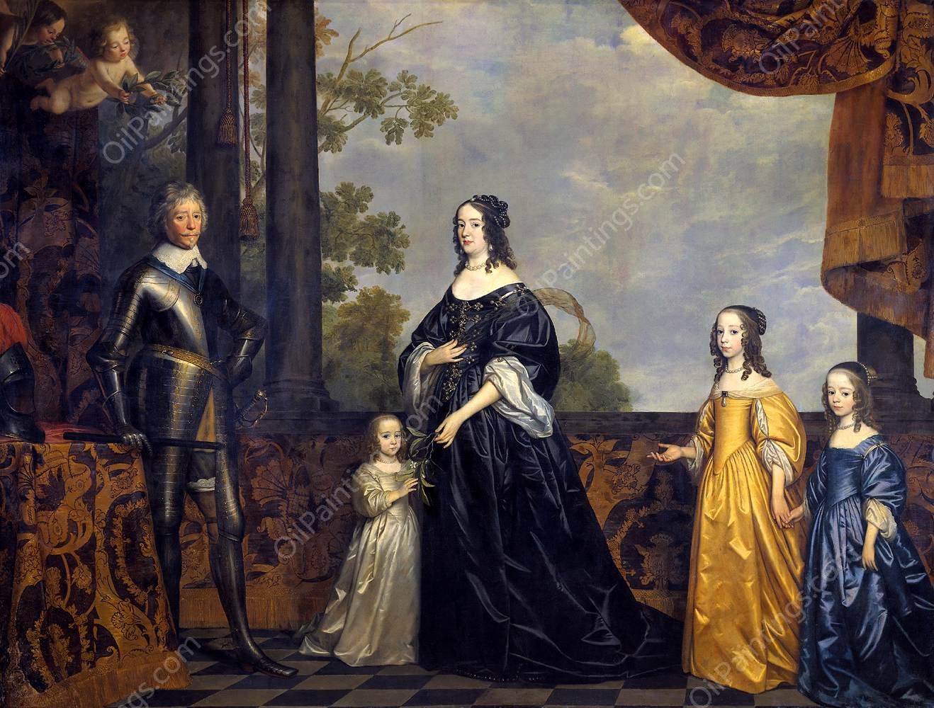 Frederick Hendrick, Prince of Orange, with His Wife Amalia van Solms and Their Three Youngest Daughters by Gerrit Van Honthorst - Hand-Painted Oil Painting Reproduction