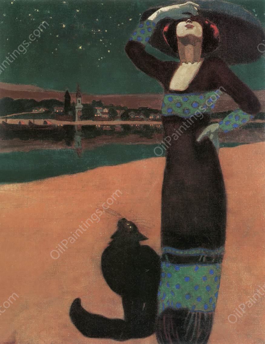 Slim Woman with a Cat by Geza Farago - Hand-Painted Oil Painting Reproduction