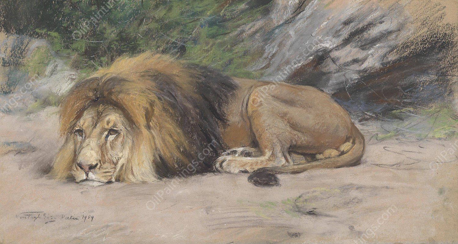 Reclining lion by Geza Vastagh - Hand-Painted Oil Painting Reproduction