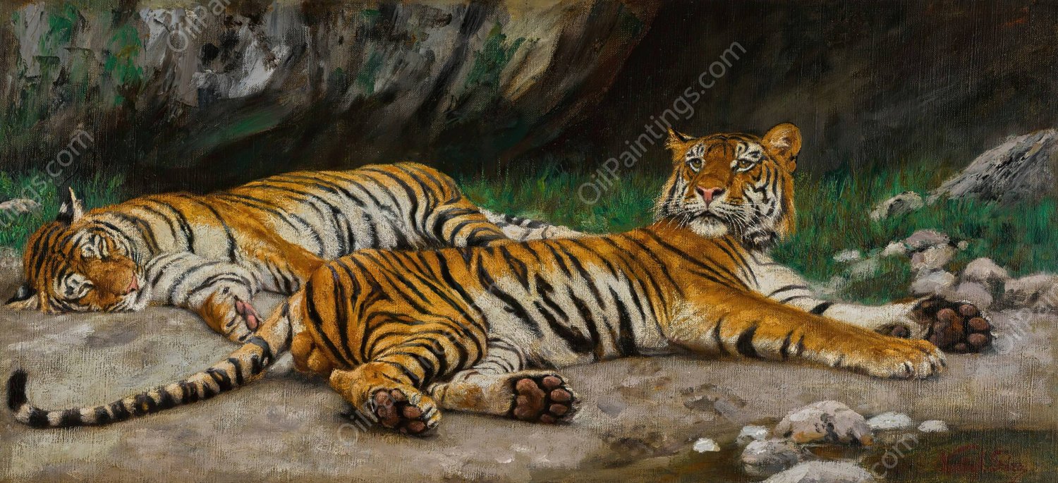 Resting Tigers by Geza Vastagh - Hand-Painted Oil Painting Reproduction