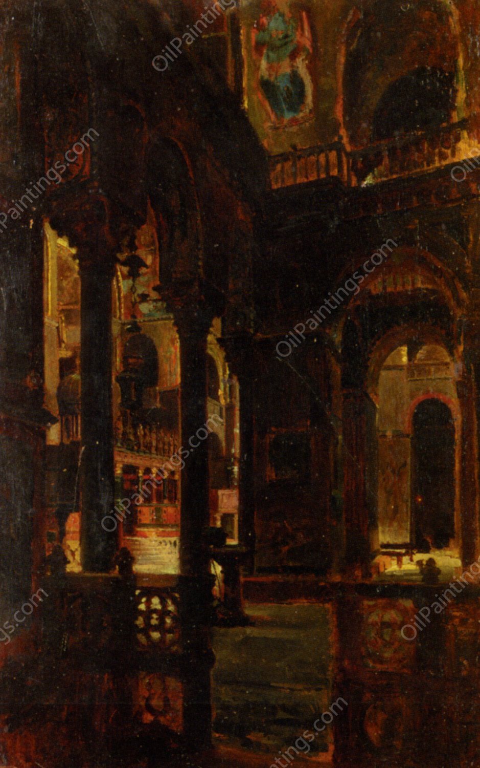 A Church Interior by Giacomo Favretto - Hand-Painted Oil Painting Reproduction