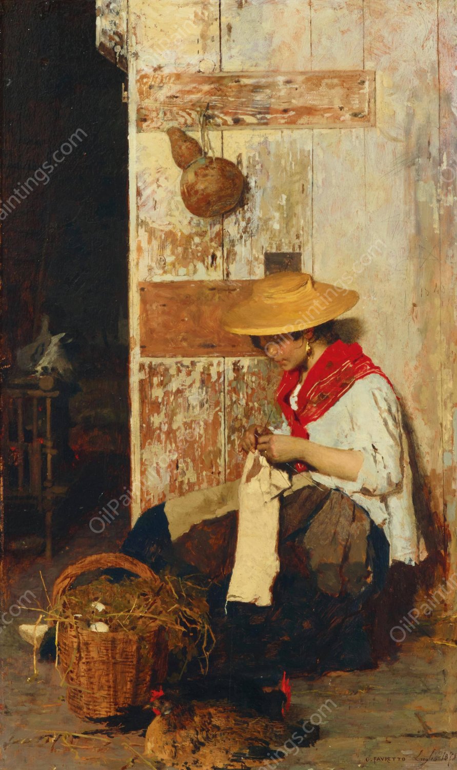 The Torn Sleeve  by Giacomo Favretto - Hand-Painted Oil Painting Reproduction