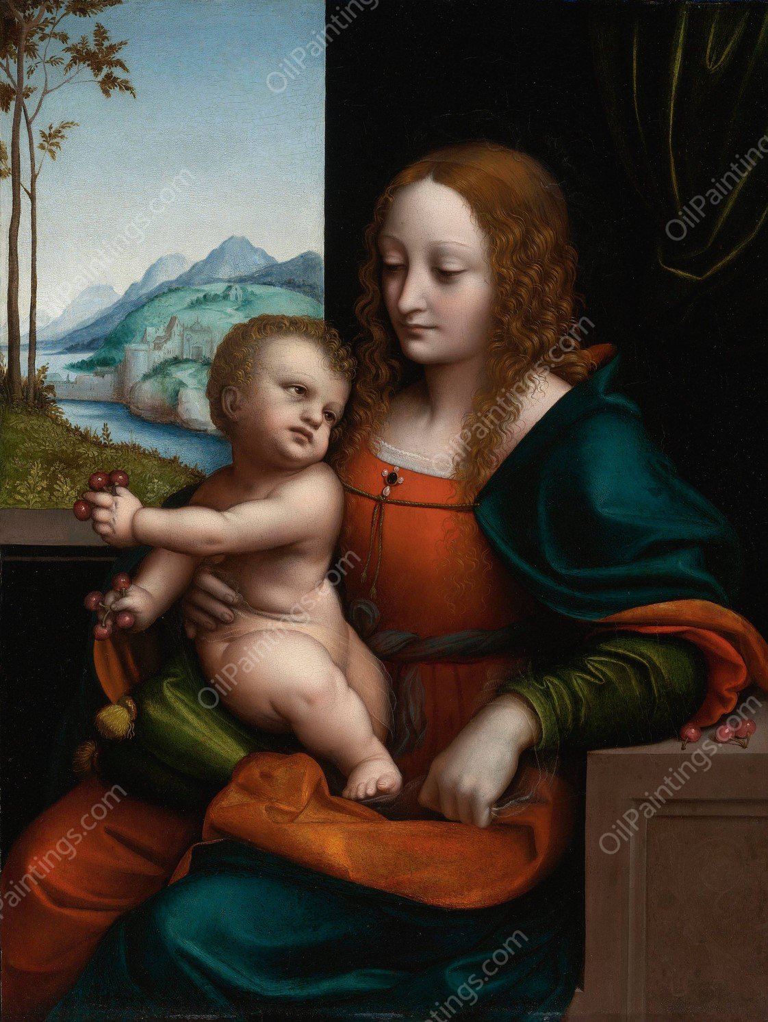 The Virgin And Child By A Window, Madonna Of The Cherries by Giampietrino (Giovanni Pietro Rizzoli) - Hand-Painted Oil Painting Reproduction