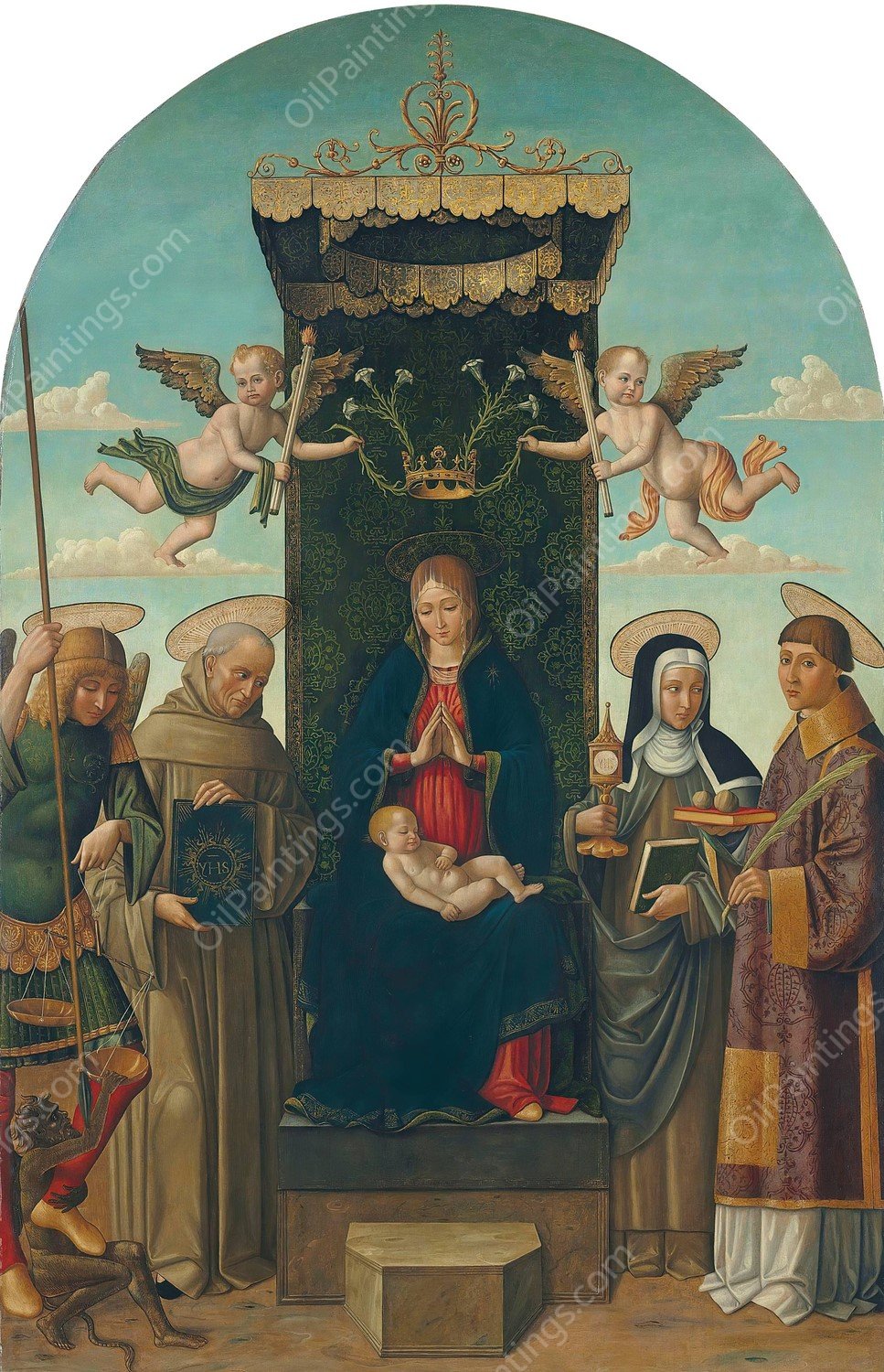The Madonna and Child enthroned, with Saints Michael, Bernardino of Siena, Clare and Stephen by Gian Giacomo D'Alladio - Hand-Painted Oil Painting Reproduction