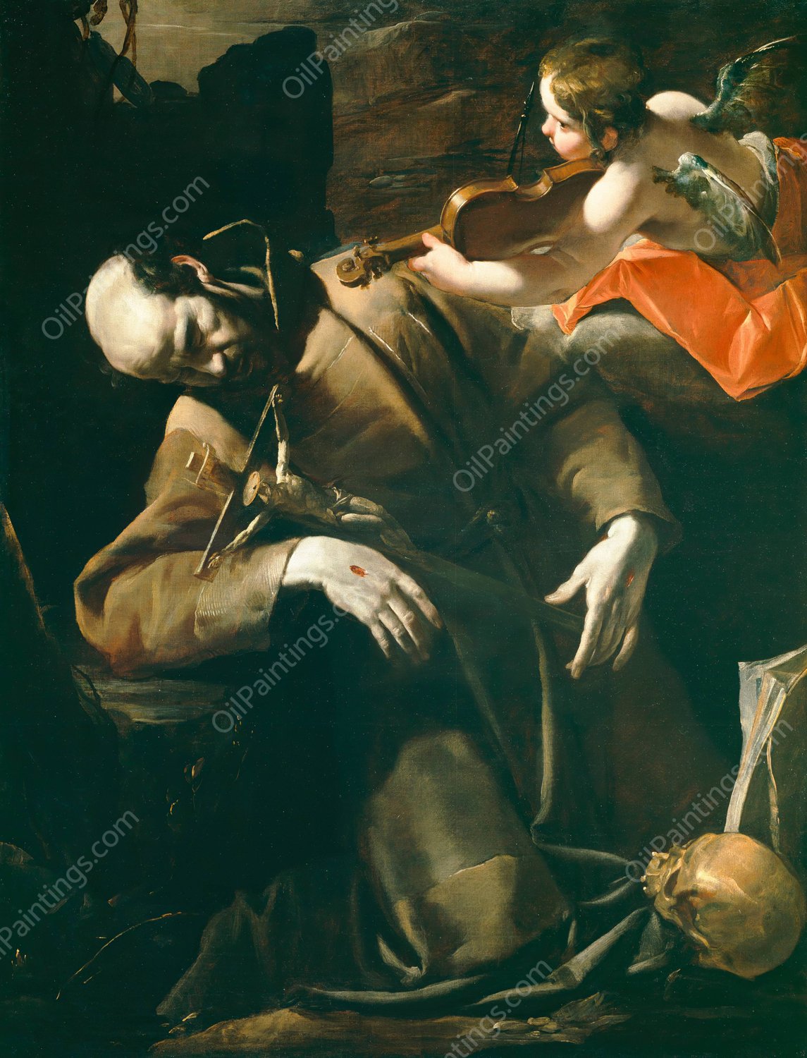 St. Francis Of Assisi In Ecstasy Before A Cherub With A Violin  by Gioacchino Assereto - Hand-Painted Oil Painting Reproduction