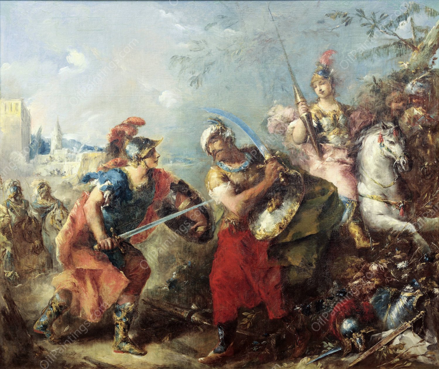 The Fight between Tancred and Argante With Clorinda in the Background  by Giovanni Antonio Guardi - Hand-Painted Oil Painting Reproduction