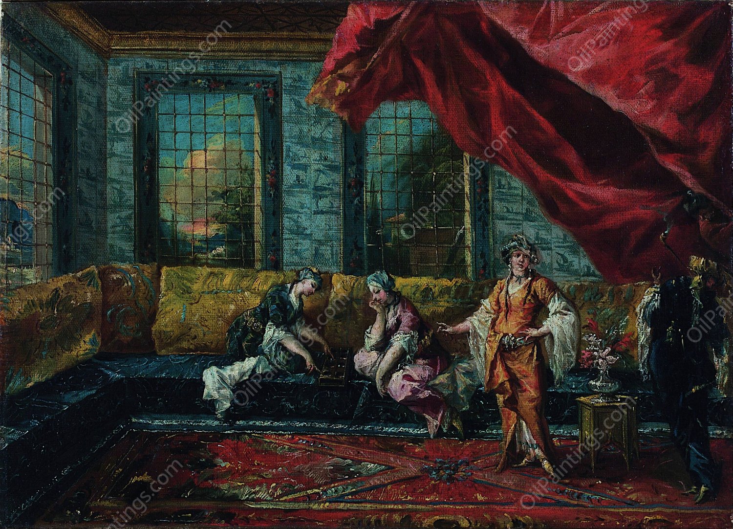 Two Odalisques Playing Mancala in the Harem  by Giovanni Antonio Guardi - Hand-Painted Oil Painting Reproduction