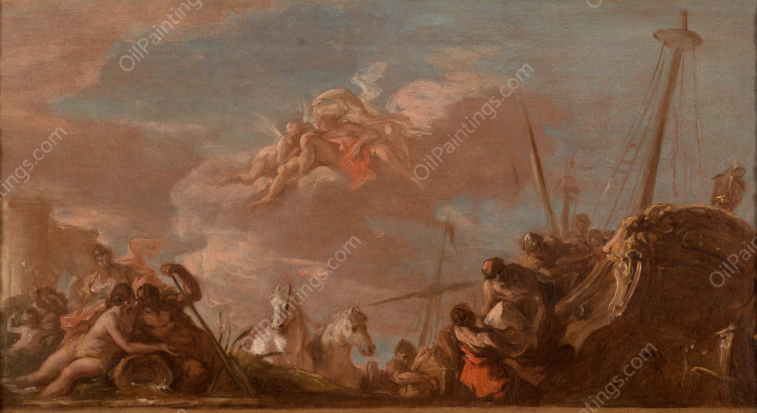 Le Dechargement en bord de Seine de marchandises en provenance de la Louisiane  by Giovanni Antonio Pellegrini - Hand-Painted Oil Painting Reproduction