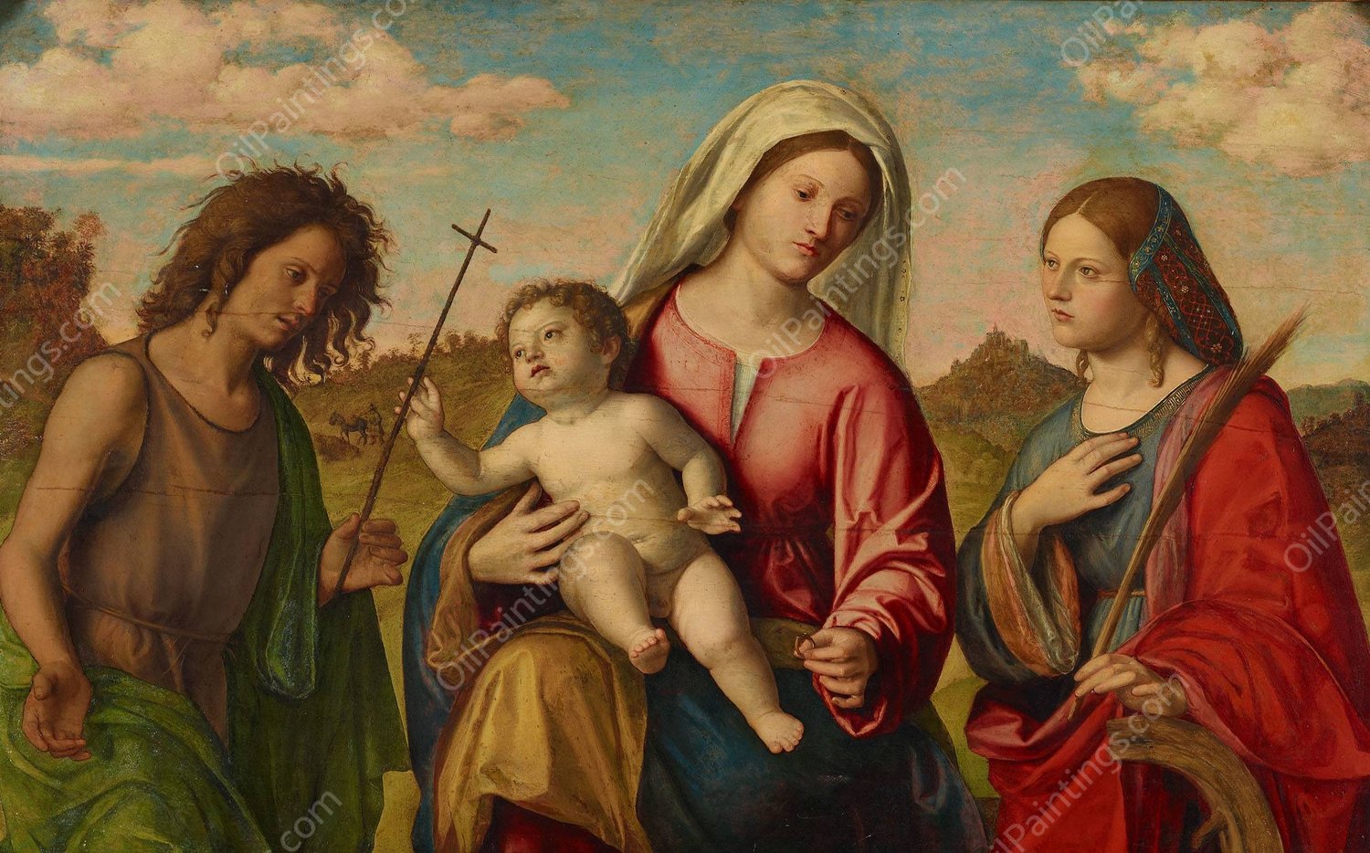 Virgin And Child With Ss. Catherine And John The Baptist  by Giovanni Battista Cima Da Conegliano - Hand-Painted Oil Painting Reproduction