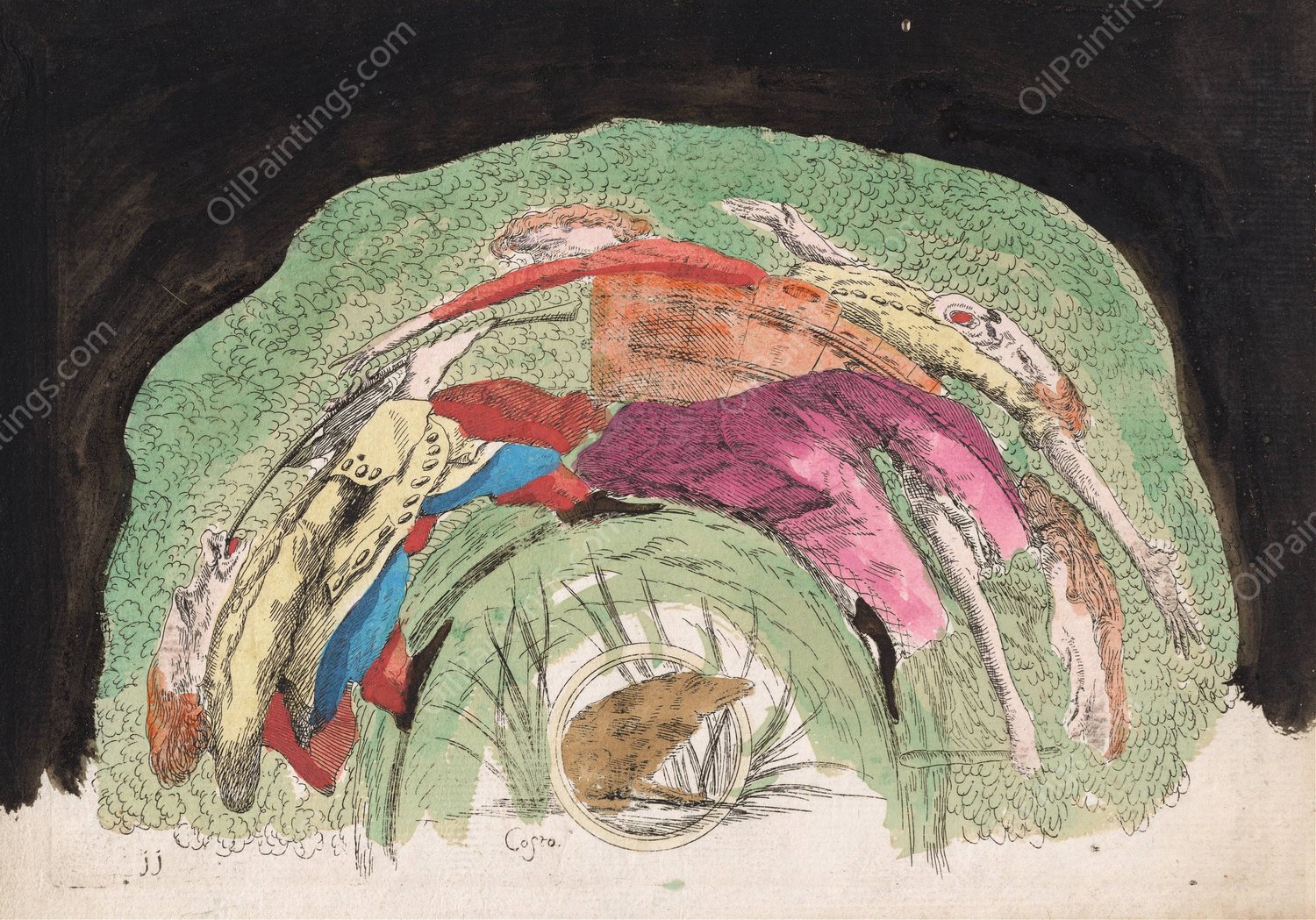 A Woman Carrying Two Children in a Basket, with a Musician  by Giovanni Francesco Costa - Hand-Painted Oil Painting Reproduction