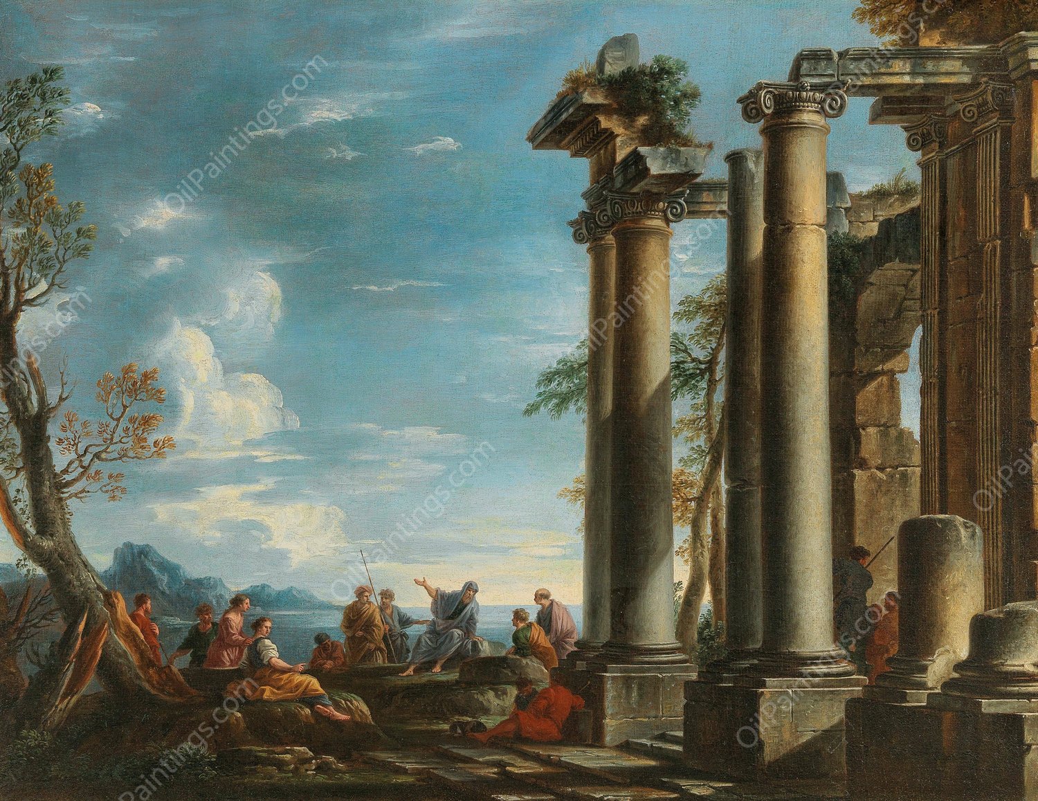 A coastal landscape with figures by a classical ruin by Giovanni Ghisolfi - Hand-Painted Oil Painting Reproduction