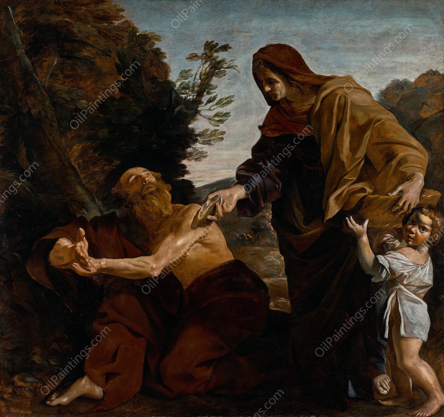 Elijah Receiving Bread from the Widow of Zarephath  by Giovanni Lanfranco - Hand-Painted Oil Painting Reproduction