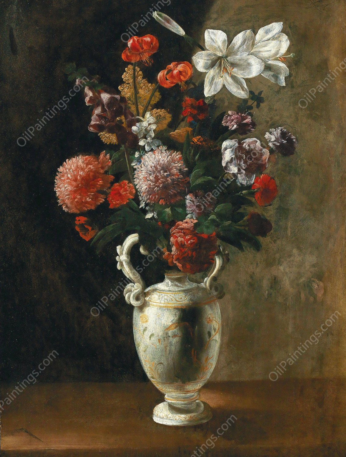 Roses, foxgloves, peonies, carnations and lilies, in a majolica vase by Giovanni Martinelli - Hand-Painted Oil Painting Reproduction
