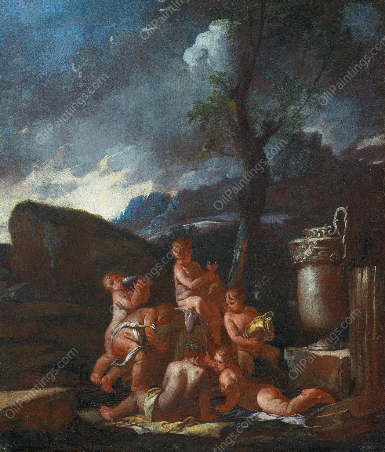 Bacchanal with putti by Giulio Carpioni - Hand-Painted Oil Painting Reproduction