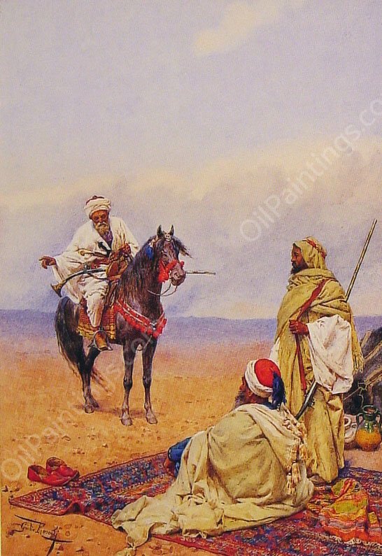 A Horseman Stopping at a Bedouin Camp by Giulio Rosati - Hand-Painted Oil Painting Reproduction