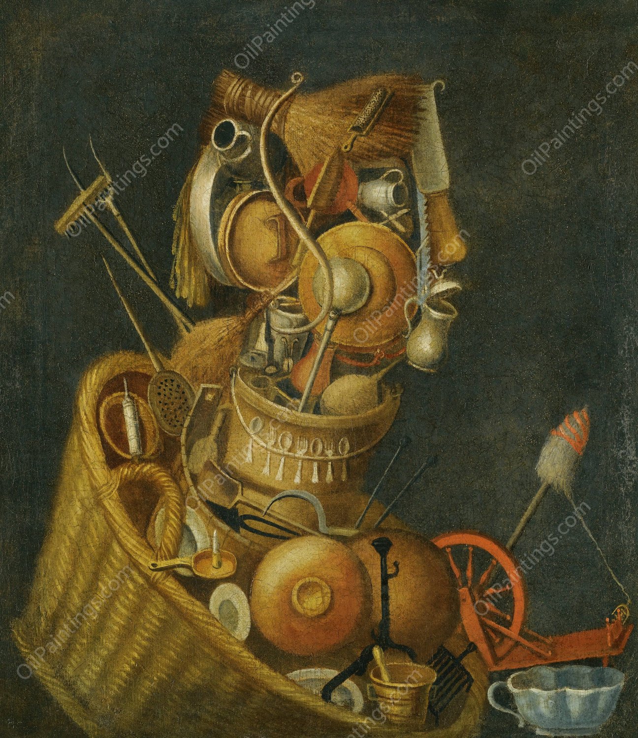 An Anthropomorphic Still Life With Pots, Pans, Cutlery, A Loom And Tools by Giuseppe Arcimboldo - Hand-Painted Oil Painting Reproduction