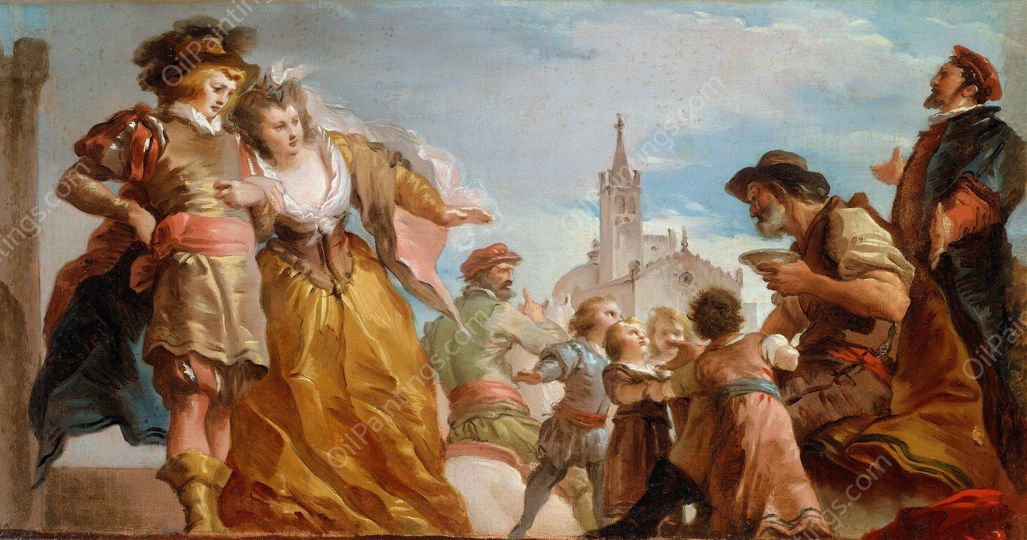 The Meeting of Gautier, Count of Antwerp, and his Daughter, Violante  by Giuseppe Cades - Hand-Painted Oil Painting Reproduction