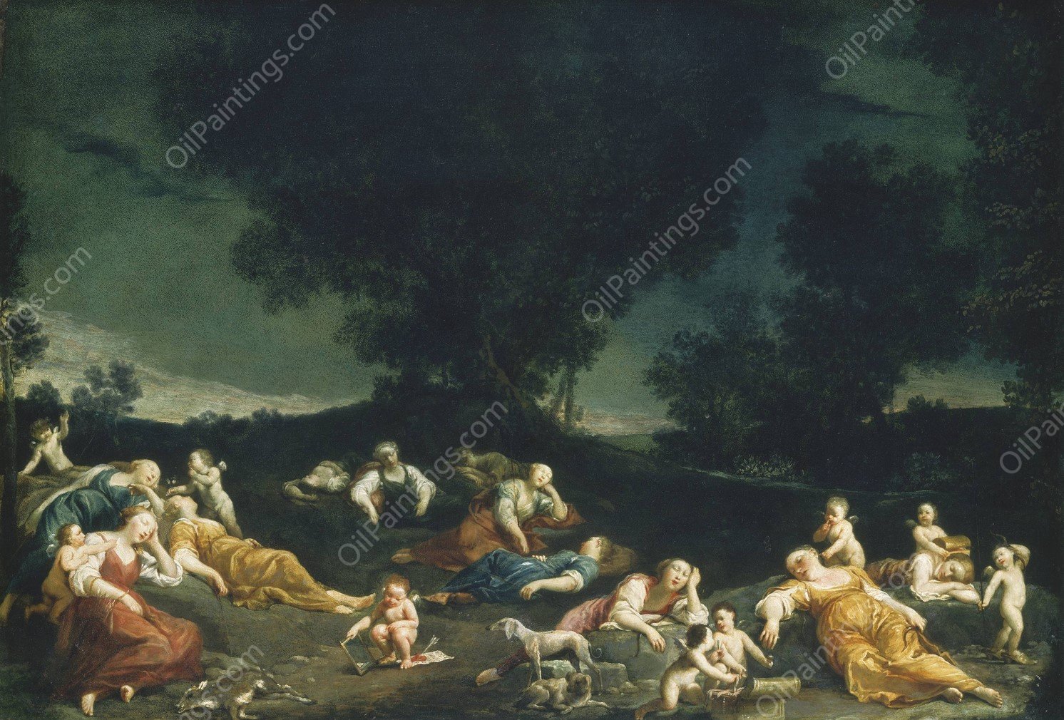 Cupids Disarming Sleeping Nymphs  by Giuseppe Maria Crespi - Hand-Painted Oil Painting Reproduction