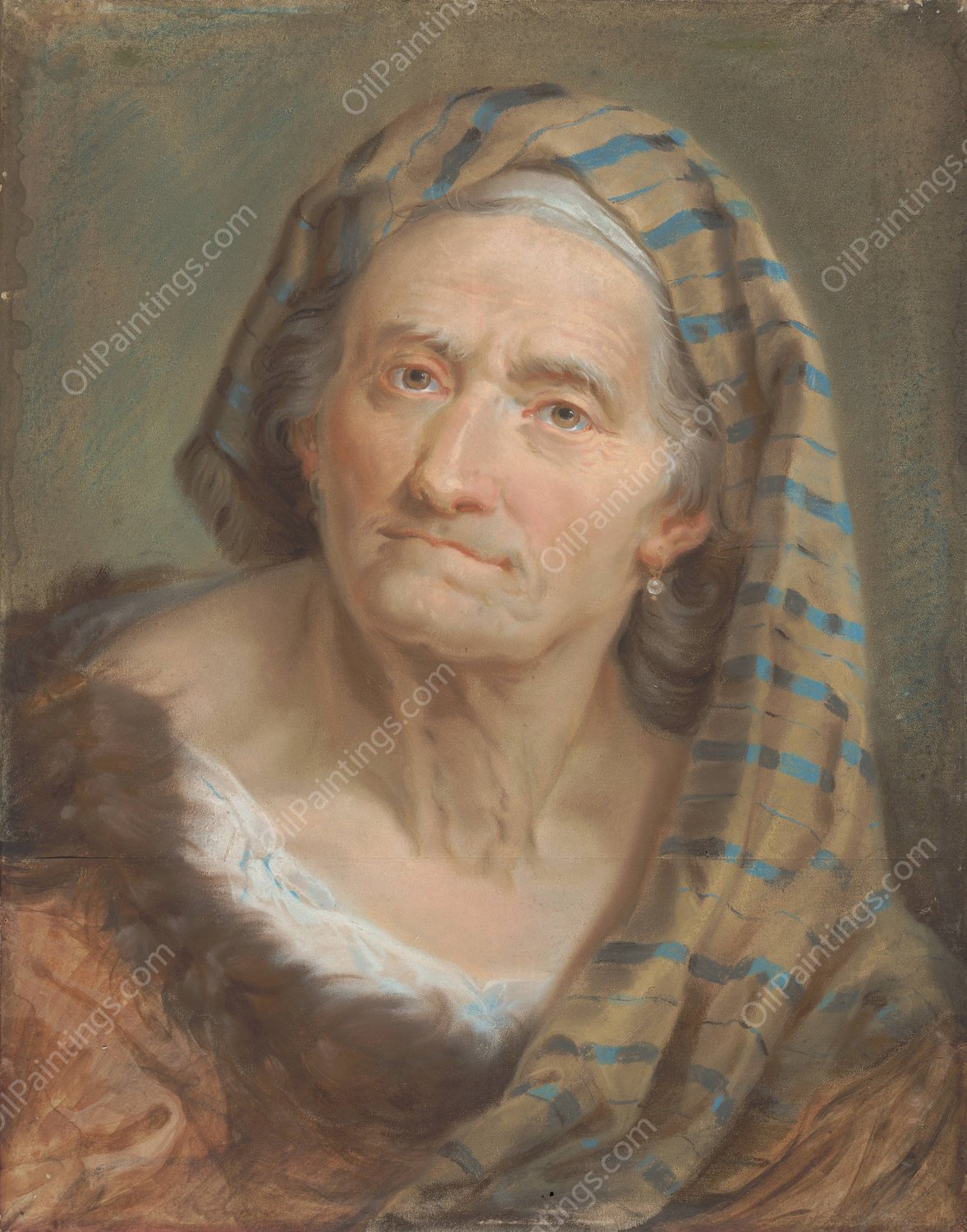 An Elderly Woman In A Striped Shawl  by Giuseppe Nogari - Hand-Painted Oil Painting Reproduction