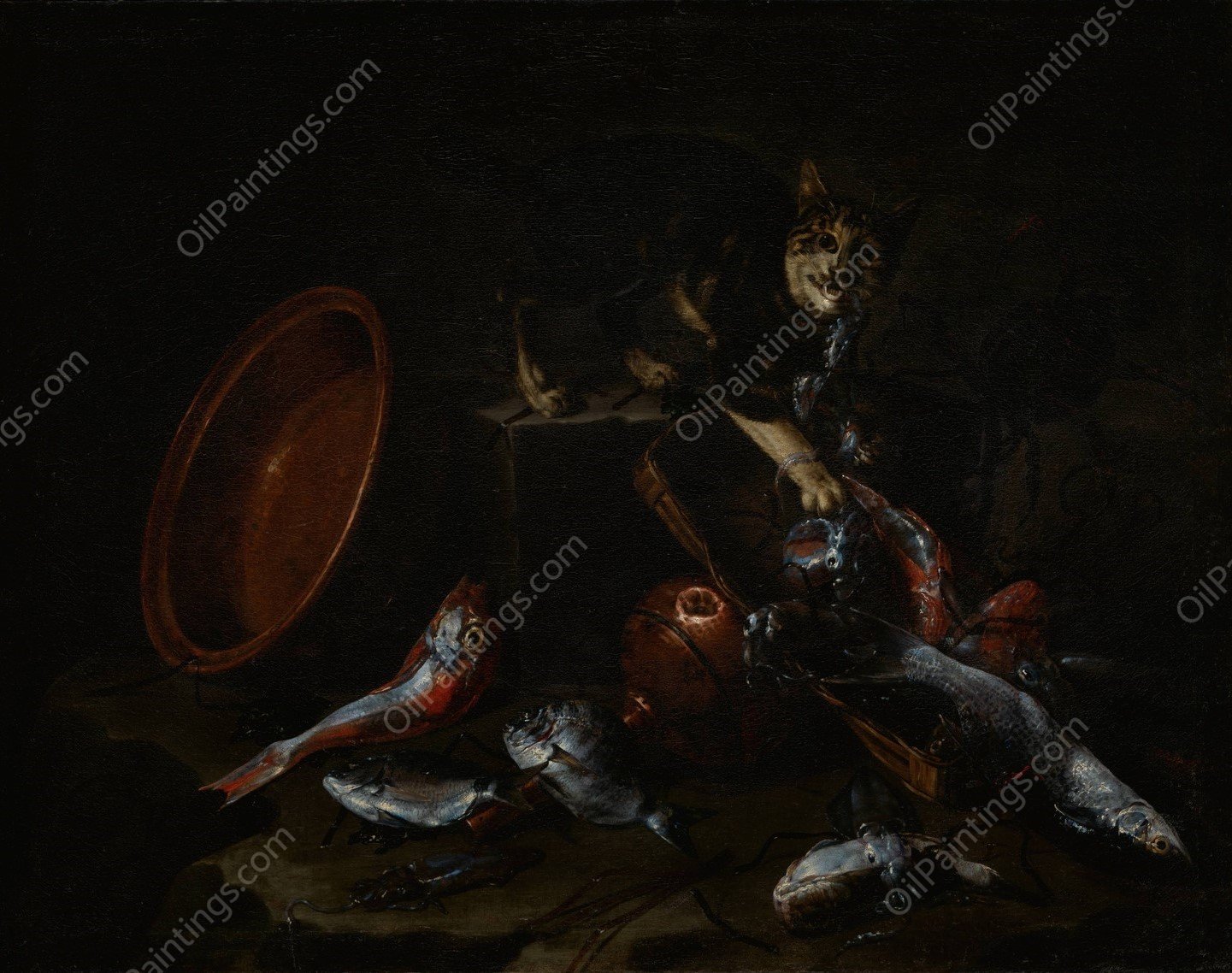 A Cat Stealing Fish  by Giuseppe Recco - Hand-Painted Oil Painting Reproduction