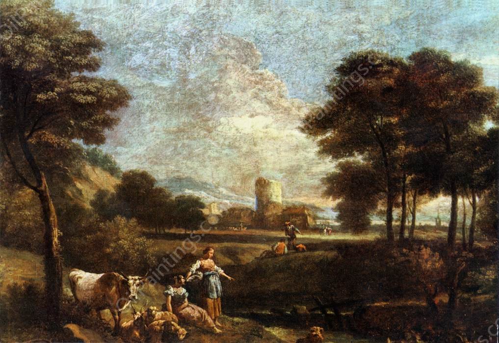 Landscape with Shepherds and Fishermen by Giuseppe Zais - Hand-Painted Oil Painting Reproduction