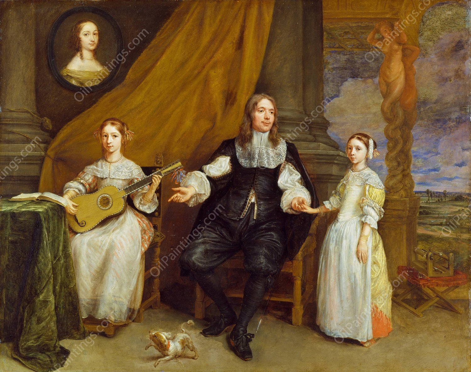 A Gentleman with his two Daughters  by Gonzales Coques - Hand-Painted Oil Painting Reproduction