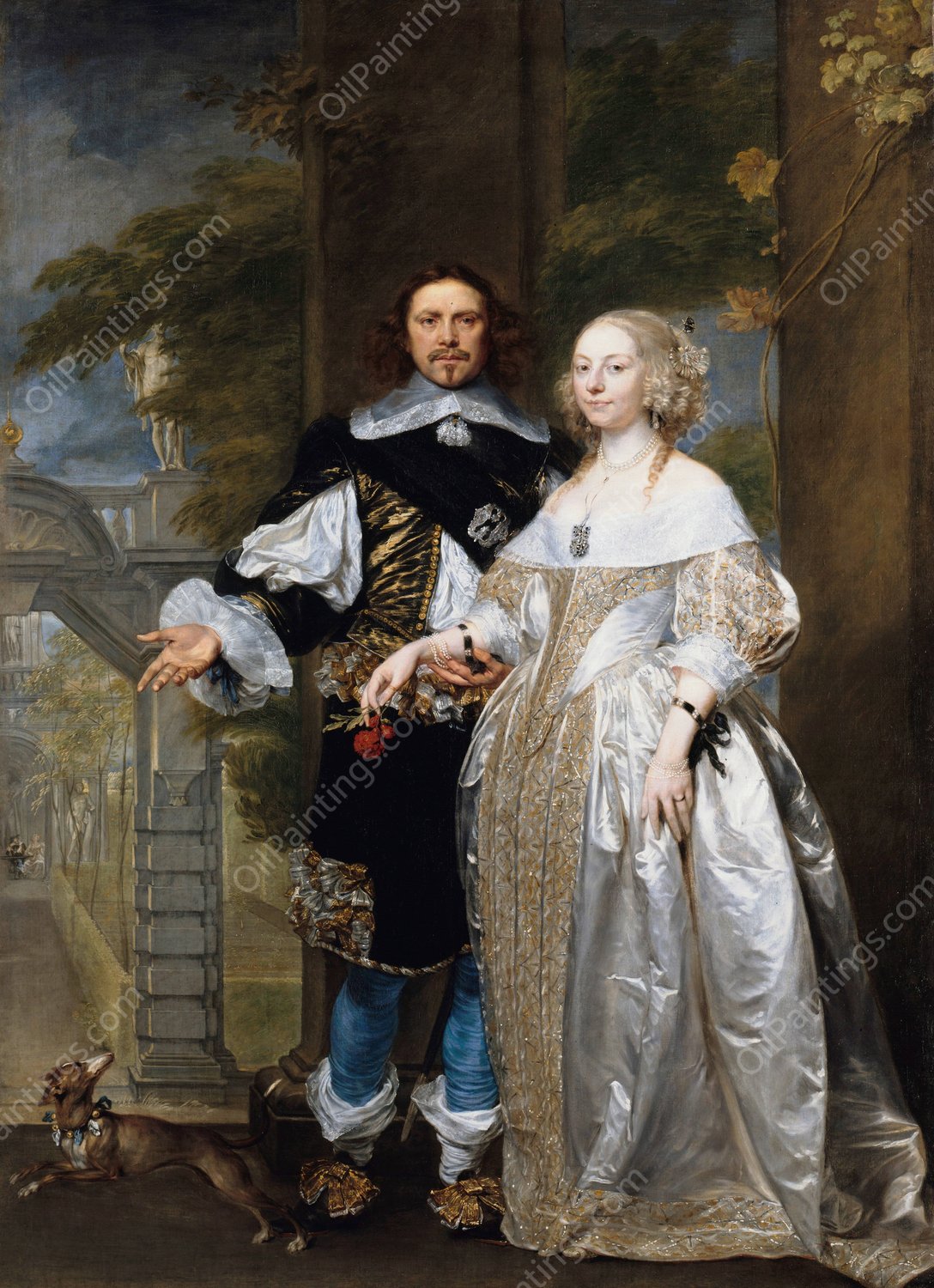 Portrait of a Married Couple in the Park  by Gonzales Coques - Hand-Painted Oil Painting Reproduction