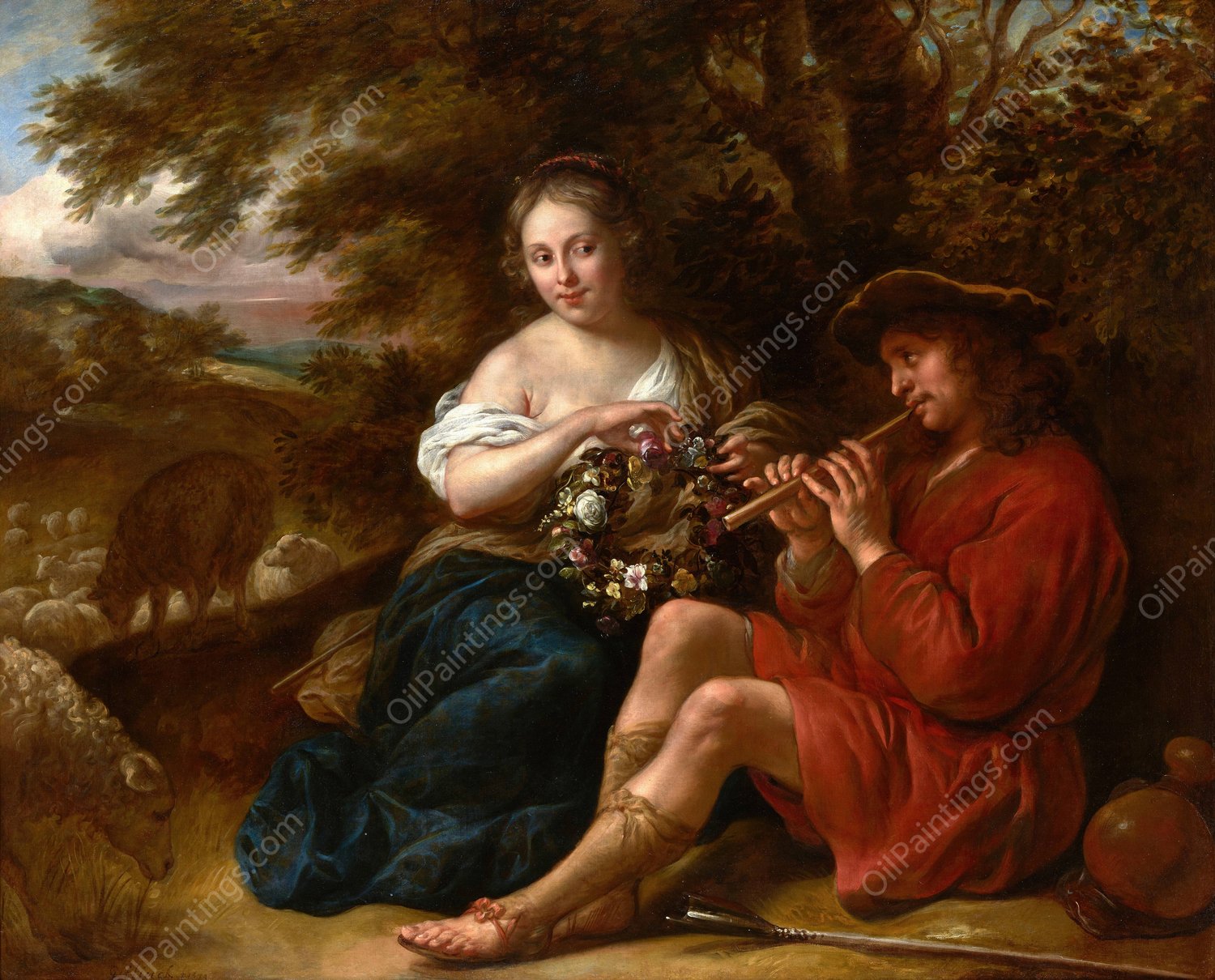 Elegant Shepherdess Listening to a Shepherd Playing the Recorder in an Arcadian Landscape  by Govert Flinck - Hand-Painted Oil Painting Reproduction
