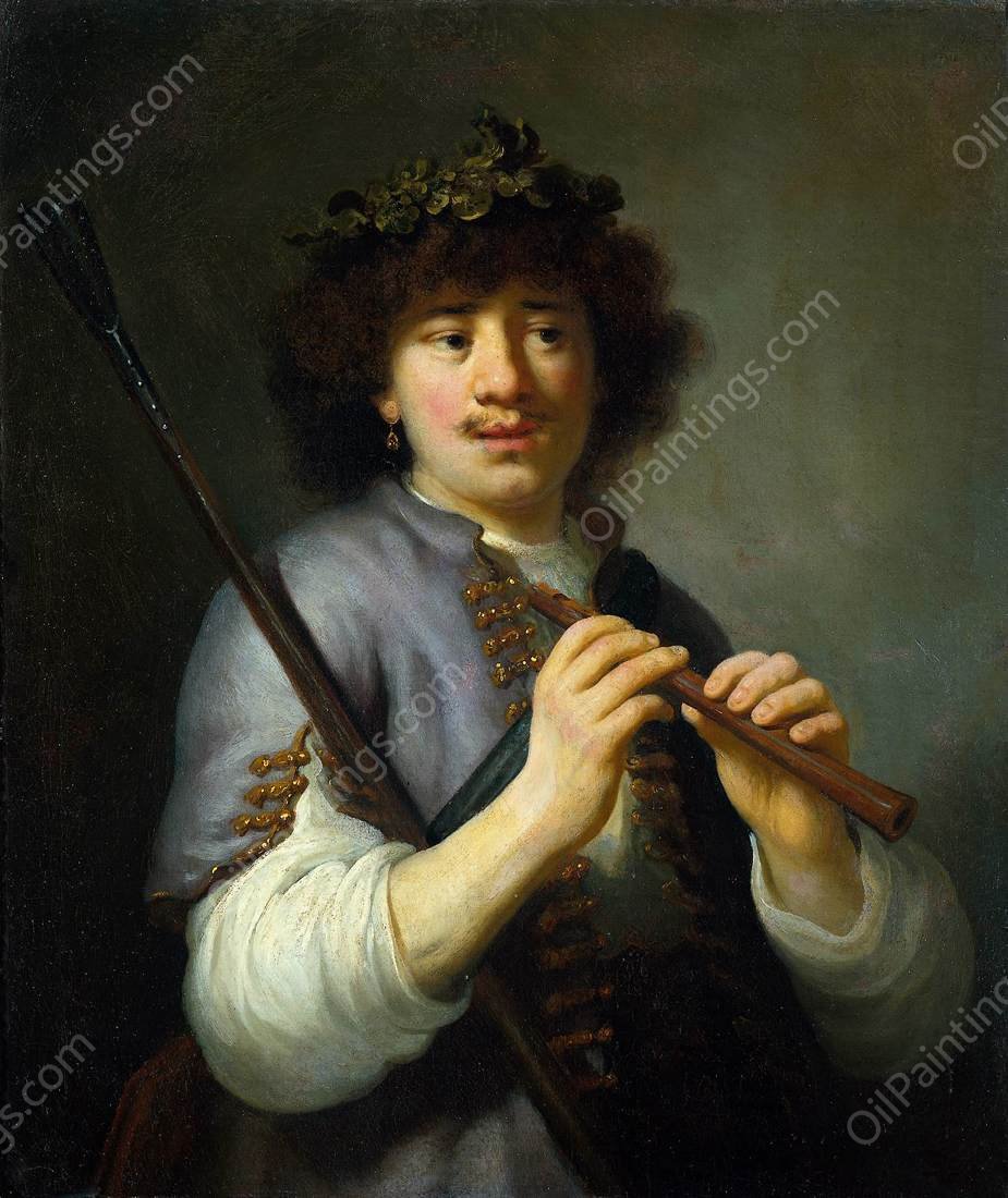 Rembrandt as Shepherd with Staff and Flute by Govert Teunisz. Flinck - Hand-Painted Oil Painting Reproduction