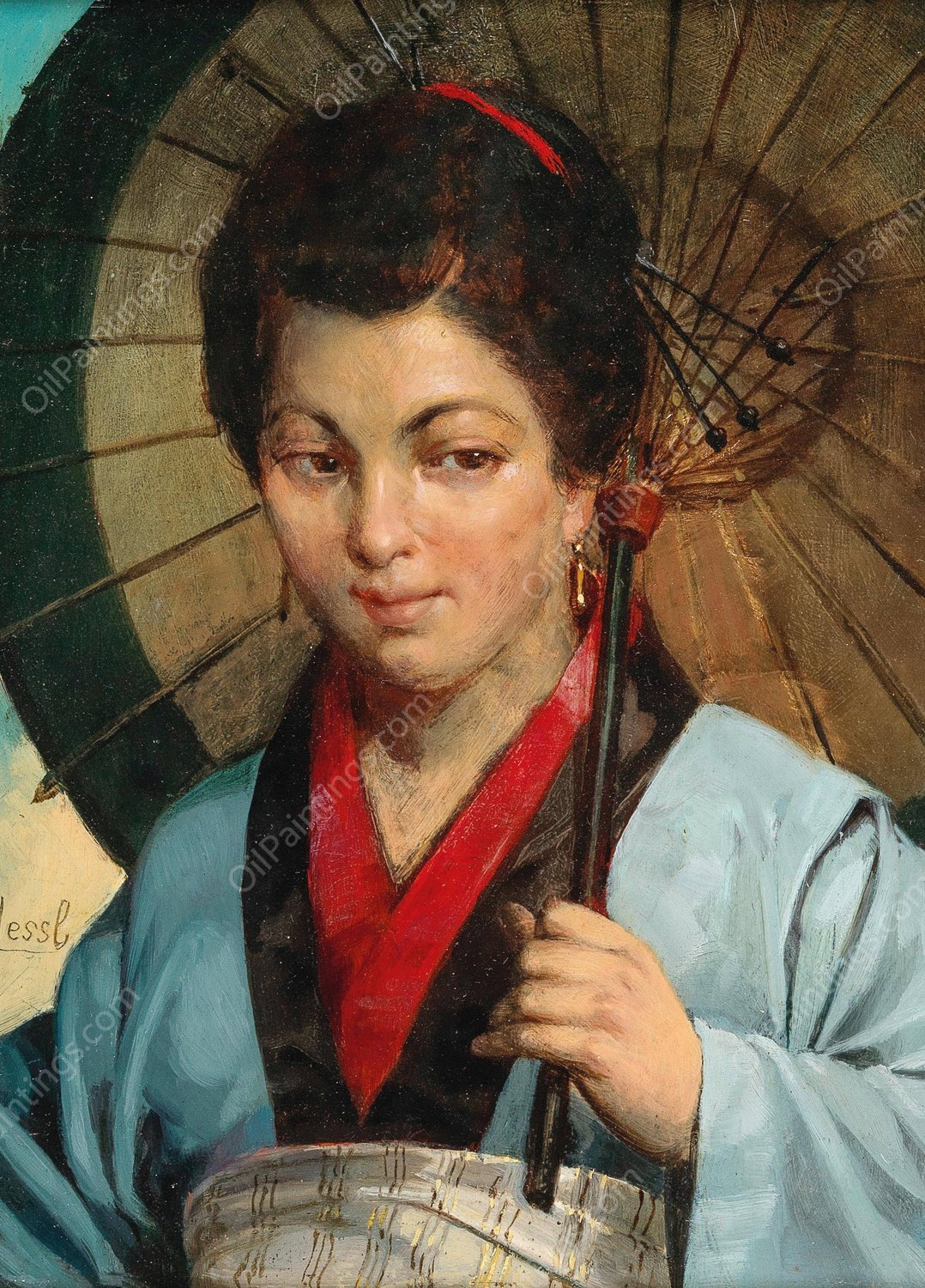 Japanese woman with parasol by Gustav August Hessl - Hand-Painted Oil Painting Reproduction