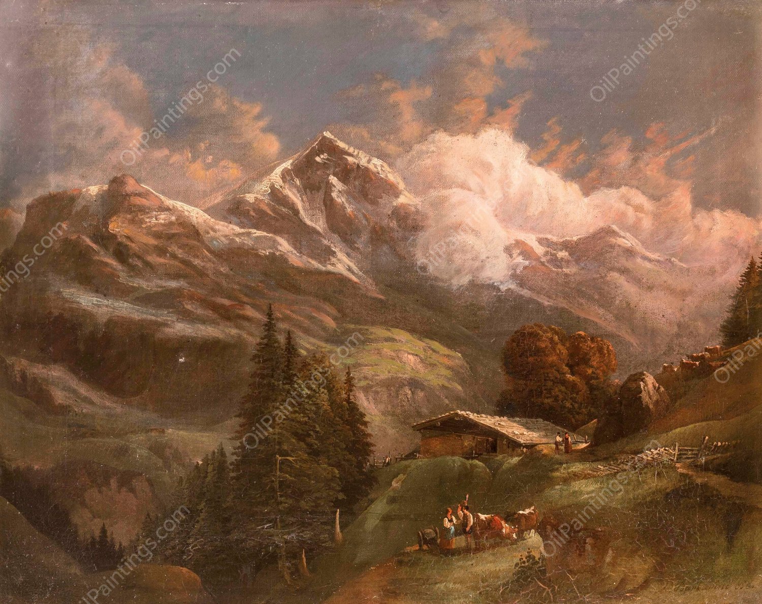 Belebte Hochalm mit Blick auf Alpengipfel  by Gustav Barbarini - Hand-Painted Oil Painting Reproduction