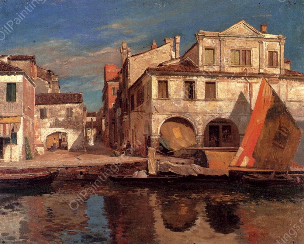Kanalszene In Chioggia Mit Bragozzo by Gustav Bauernfeind - Hand-Painted Oil Painting Reproduction