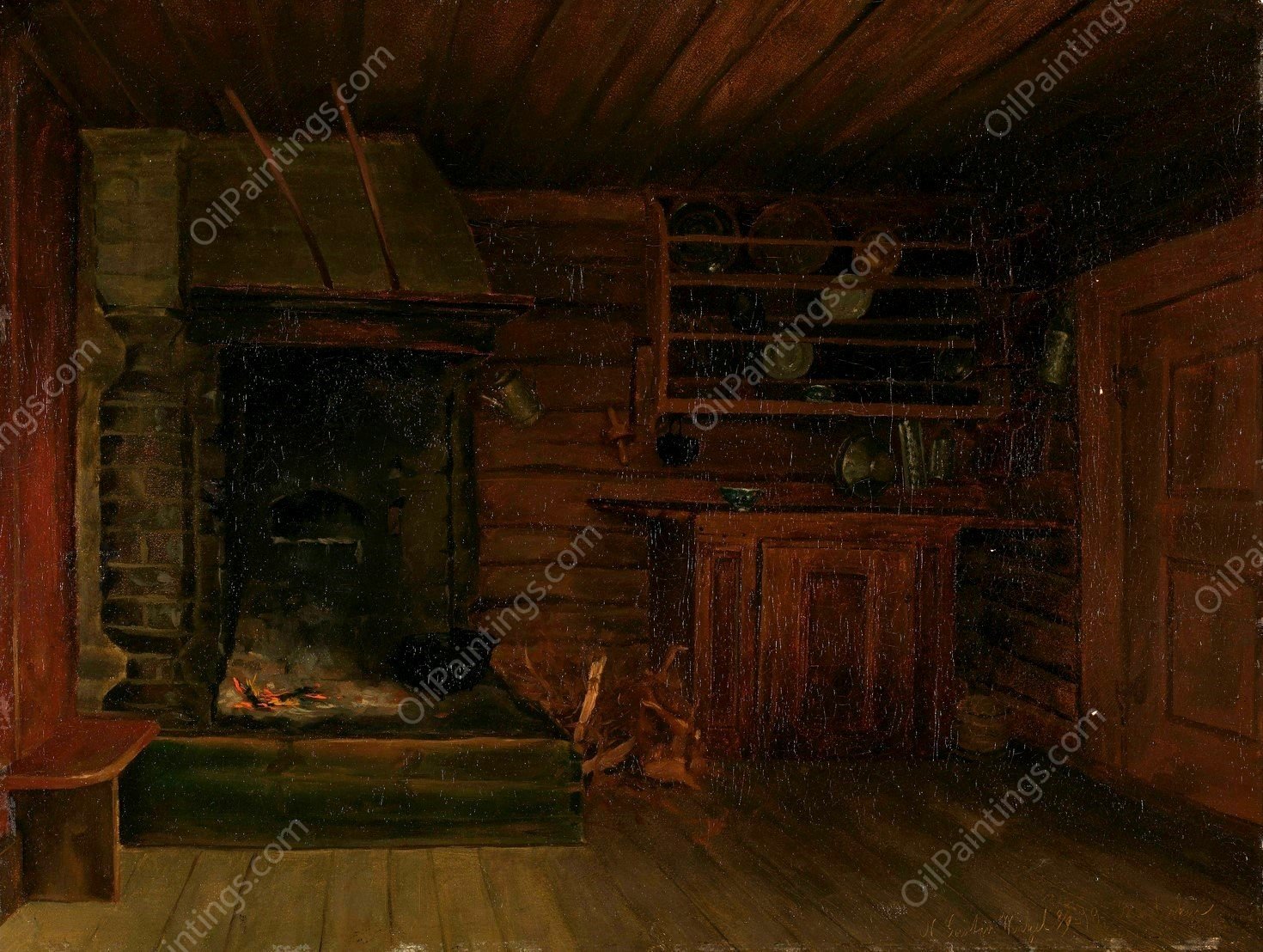 Kitchen with Fireplace  by Gustav Wentzel - Hand-Painted Oil Painting Reproduction