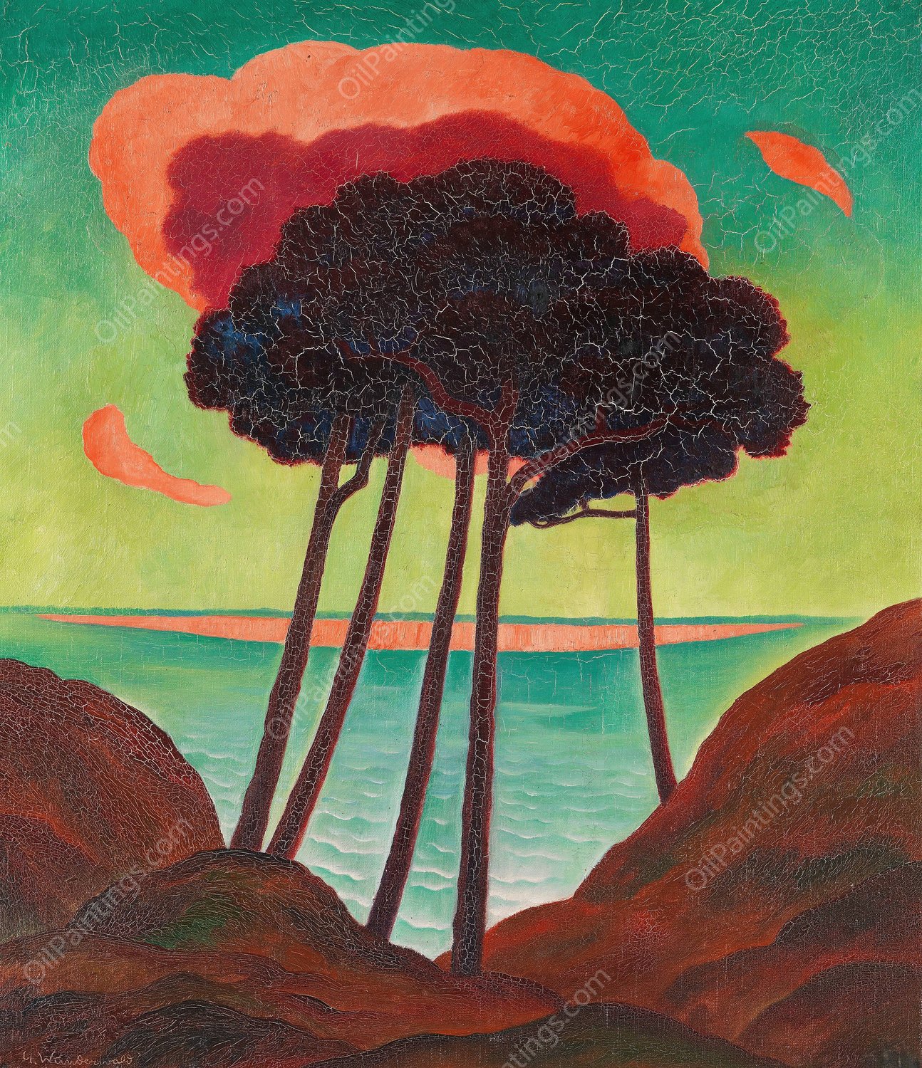 Kiefern mit roter Wolke  by Gustav Wunderwald - Hand-Painted Oil Painting Reproduction