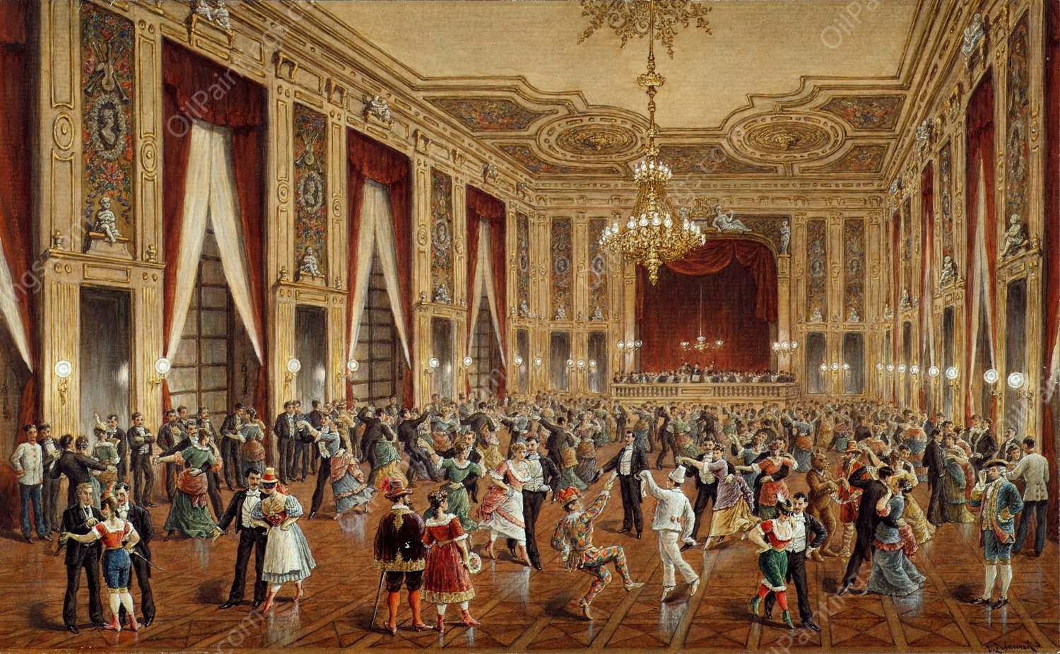 Das SchOndorf-Colosseum Maskenball in Schwender's Colosseum  by Gustav Zafaurek - Hand-Painted Oil Painting Reproduction