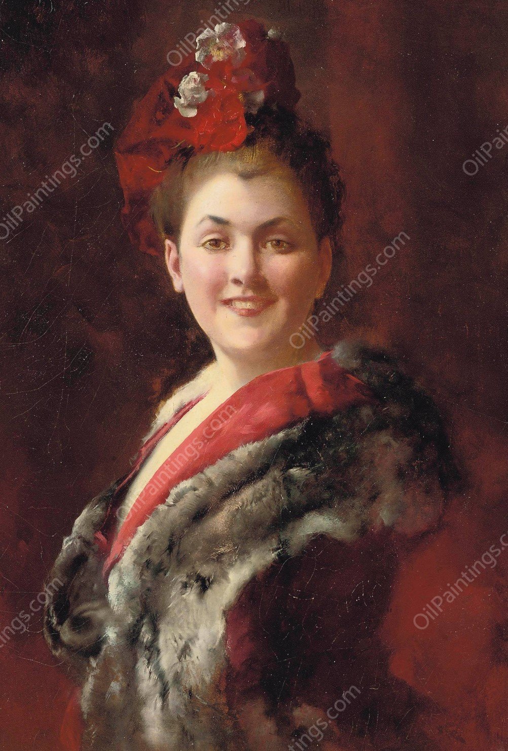 A lady in a fur-lined cape by Gustave Jean Jacquet - Hand-Painted Oil Painting Reproduction