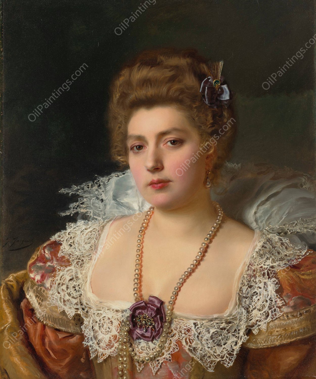 Portrait d'une femme portant des perles by Gustave Jean Jacquet - Hand-Painted Oil Painting Reproduction