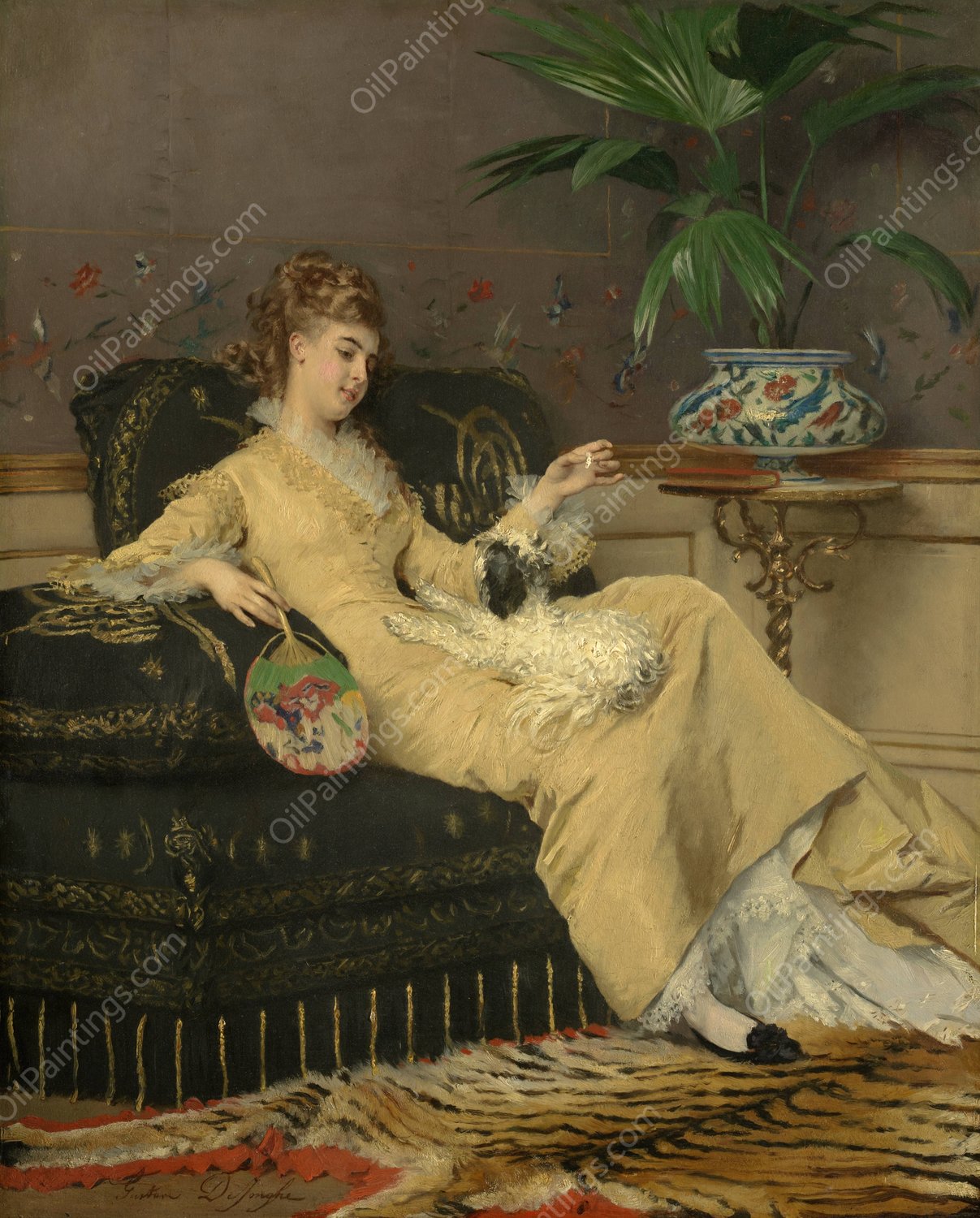 Woman in yellow  by Gustave Leonard De Jonghe - Hand-Painted Oil Painting Reproduction